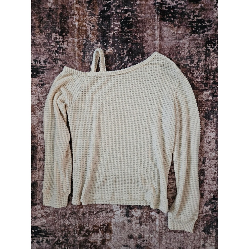 Waffle Knit Thermal Long Sleeve Top Women's Medium Beige Off Shoulder Strappy